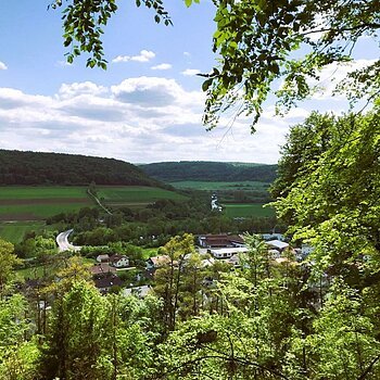 Blick durch grüne Bäume in einen Ort im Tal.