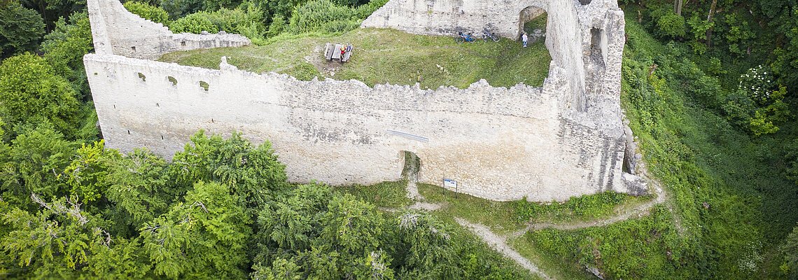 Luftaufnahme einer Burgruine im Wald, mit teilweise erhaltenen Mauern und einem grasbewachsenen Innenhof.