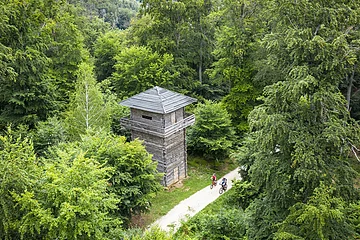 Holzturm neben einem Waldweg mit zwei Radfahrern, umgeben von dichtem grünem Laubwald.