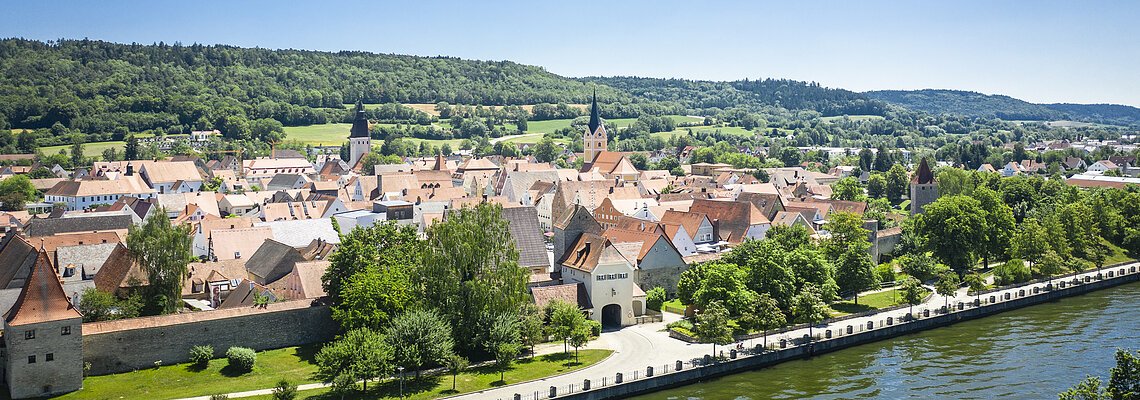 Blick auf eine Stadt mit roten Dächern, Flussufer, Bäumen und bewaldeten Hügeln im Hintergrund bei klarem Himmel.