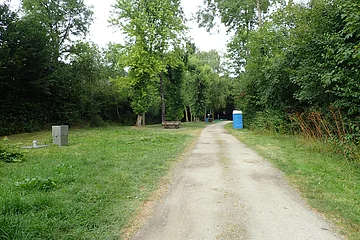 Waldweg mit Grasflächen, Bäumen, einer Bank und einem blauen mobilen Toilettenhäuschen am rechten Wegesrand.